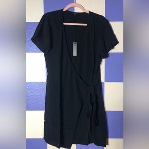 NWT Bobi Black Flutter Sleeve Crepe Wrap Dress in Black